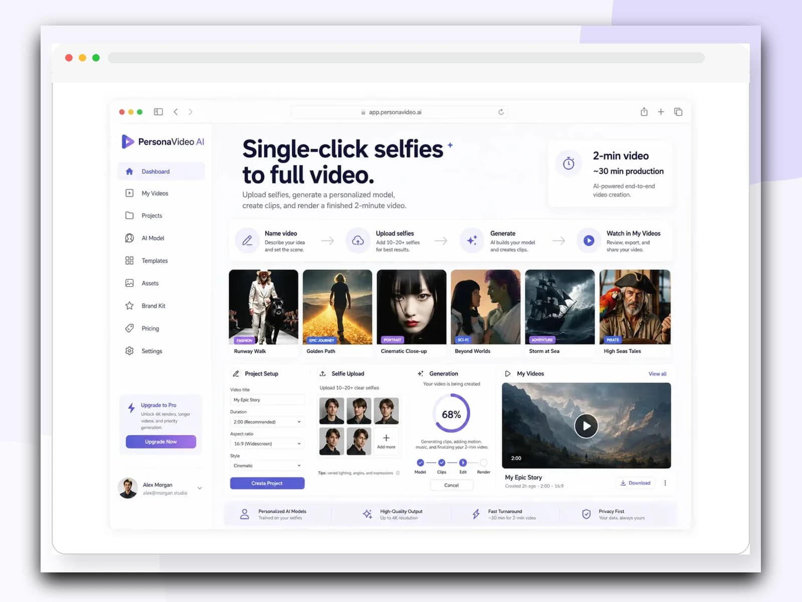 AI video production platform showing project setup, model generation progress, and final video delivery