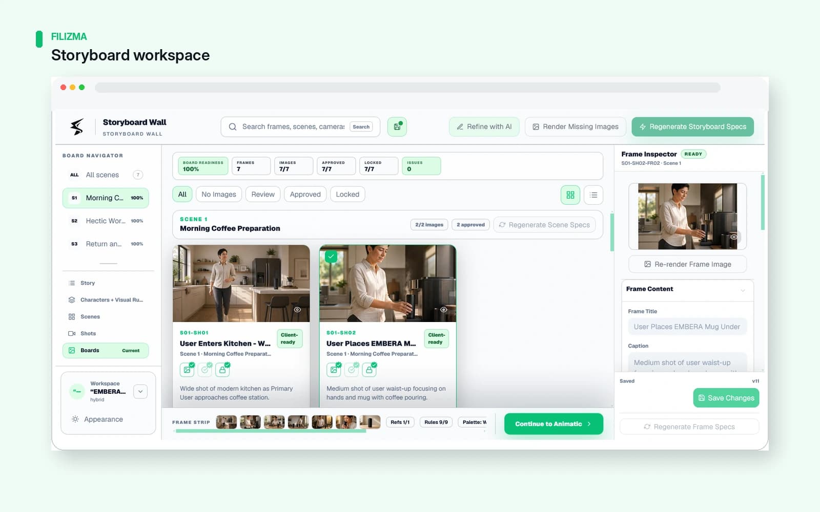 Filizma storyboard workspace with shots and review controls