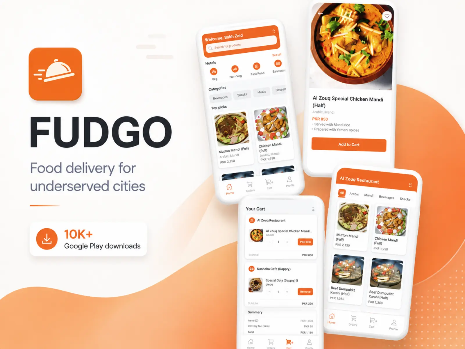 FUDGO mobile food delivery product screens