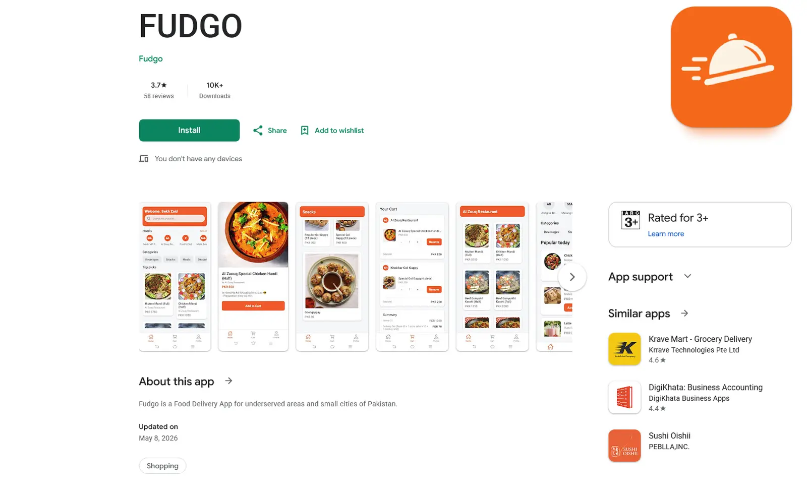 FUDGO Google Play listing and product screens