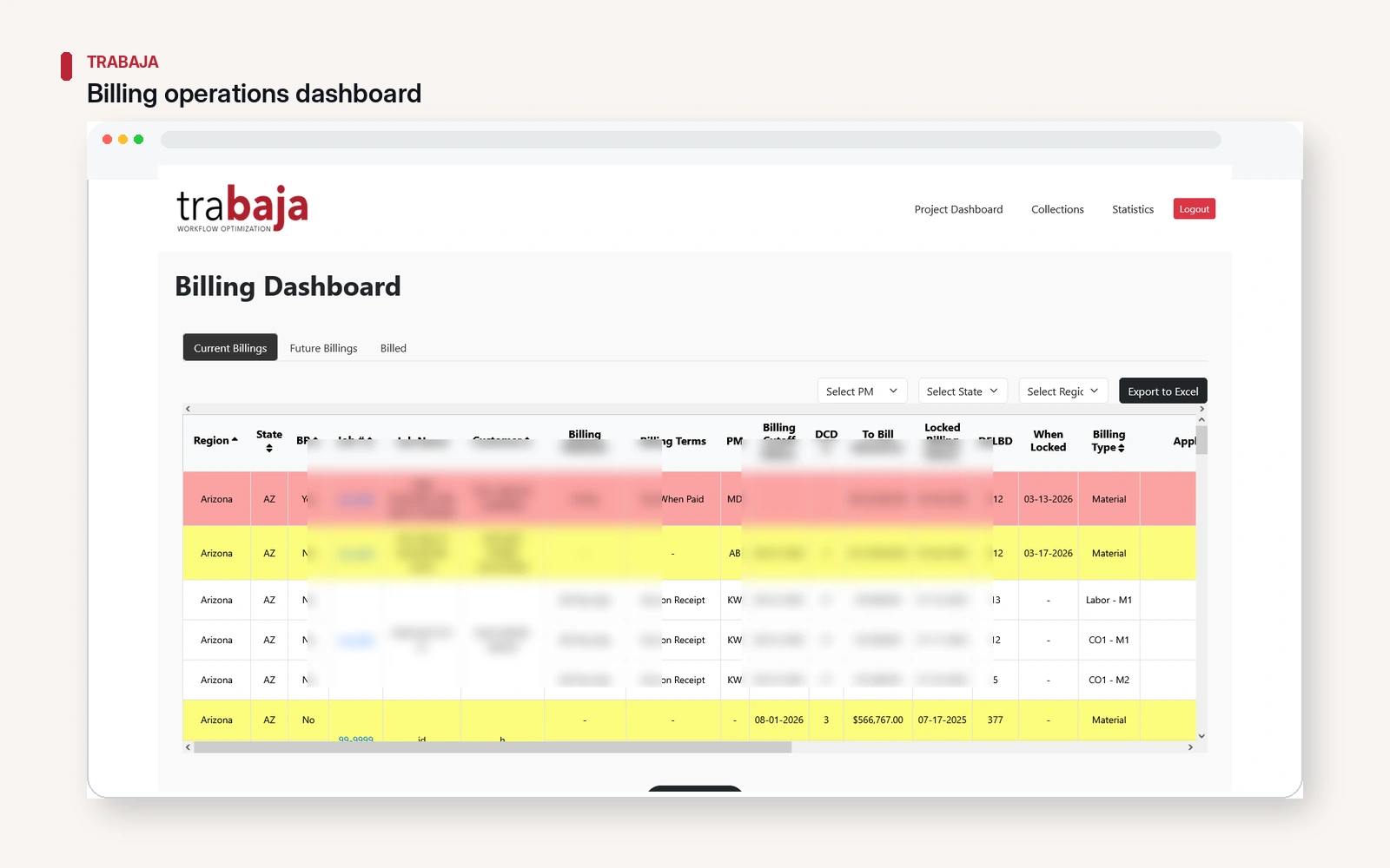 Trabaja billing operations interface