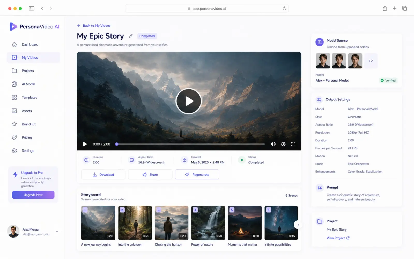 AI video platform final video detail and storyboard interface